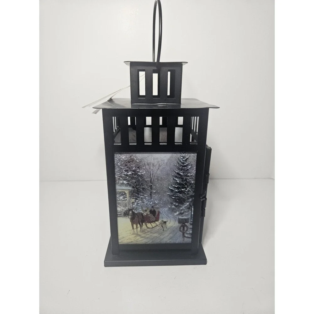 Thomas Kinkade Christmas Lantern Holiday Decor Black Metal Glass NWT 9.5in
